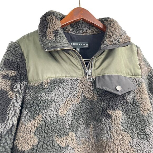Veronica Beard Jeans Kylan Green Camo Sherpa Jacket Pullover Faux Fur Womens XS - Picture 3 of 10